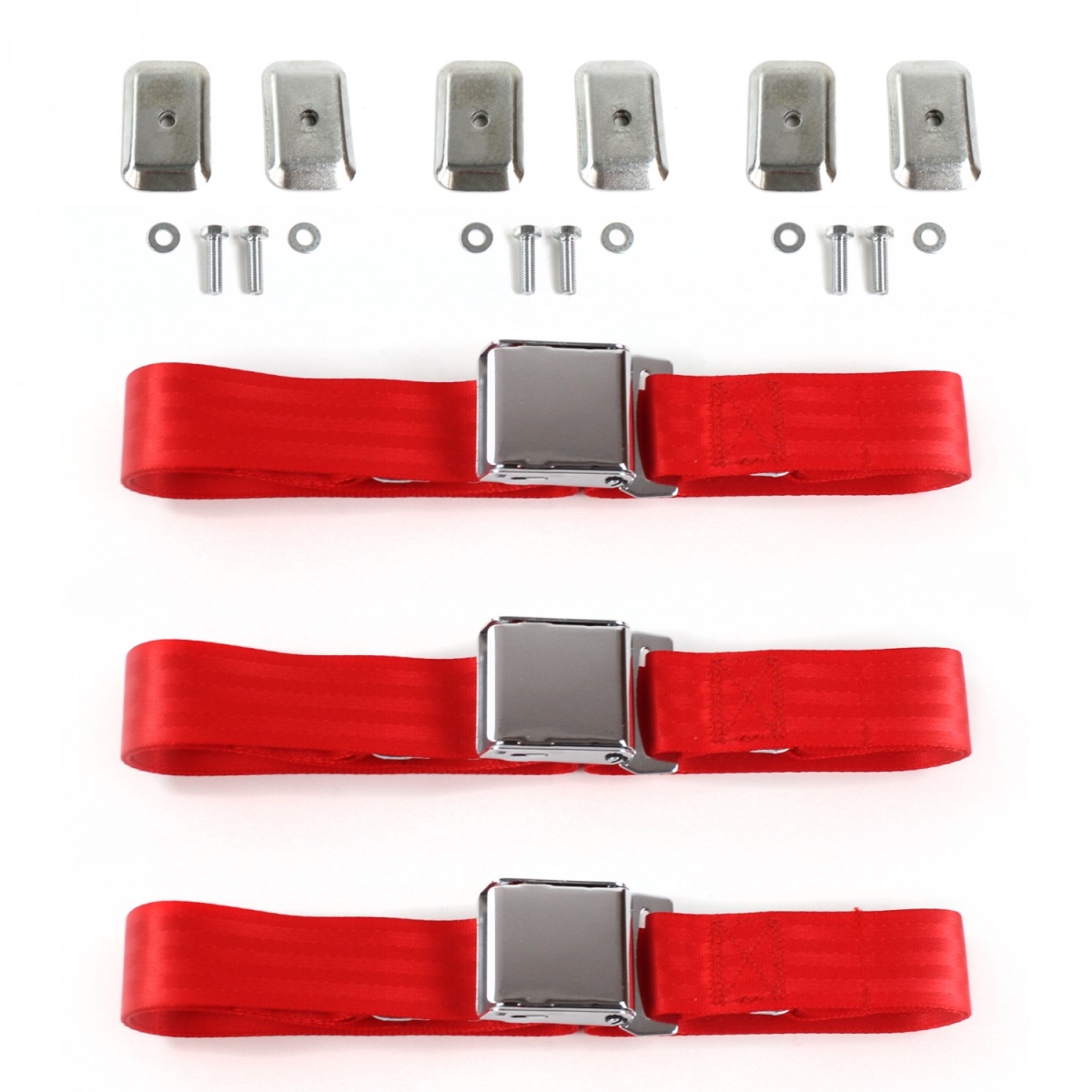 Airplane 2 Point Red Lap Bench Seat Belt Kit with Bracketry for 1935-1940 Chevy Truck - 3 Belts