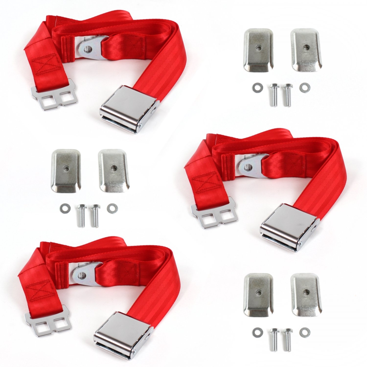 678946 Airplane 2 Point Red Lap Bench Seat Belt Kit with Bracketry for 1935-1940 Early Cars - 3 Belts