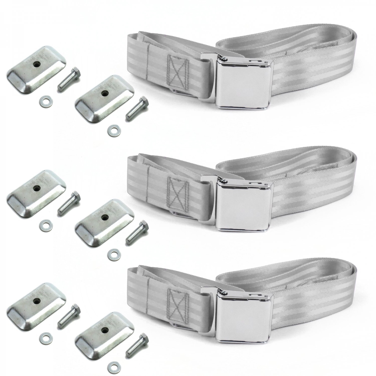 679156 Airplane 2 Point Gray Lap Bench Seat Belt Kit with Bracketry for 1946-1968 Ford Anglia - 3 Belts