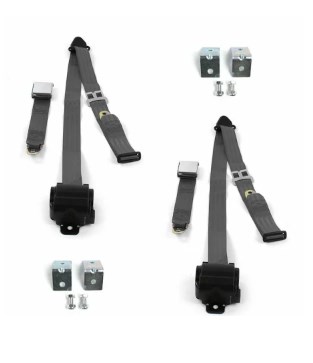 Standard 3 Point Charcoal Retractable Bucket Seat Belt Kit with Bracketry for 1958-1988 AMC - 2 Belts
