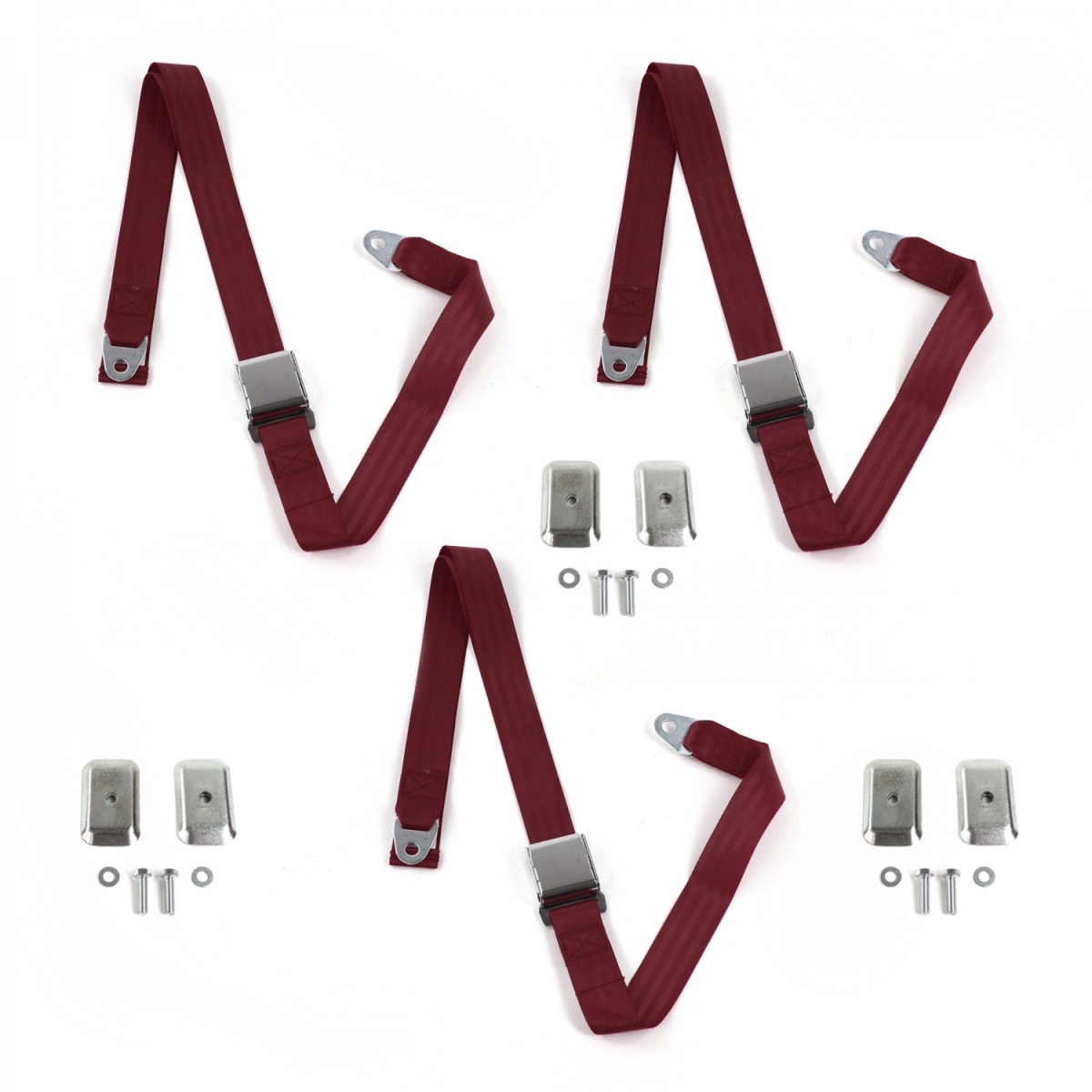 679633 Airplane 2 Point Burgundy Lap Bench Seat Belt Kit with Bracketry for 1935-1941 Ford Truck - 3 Belts