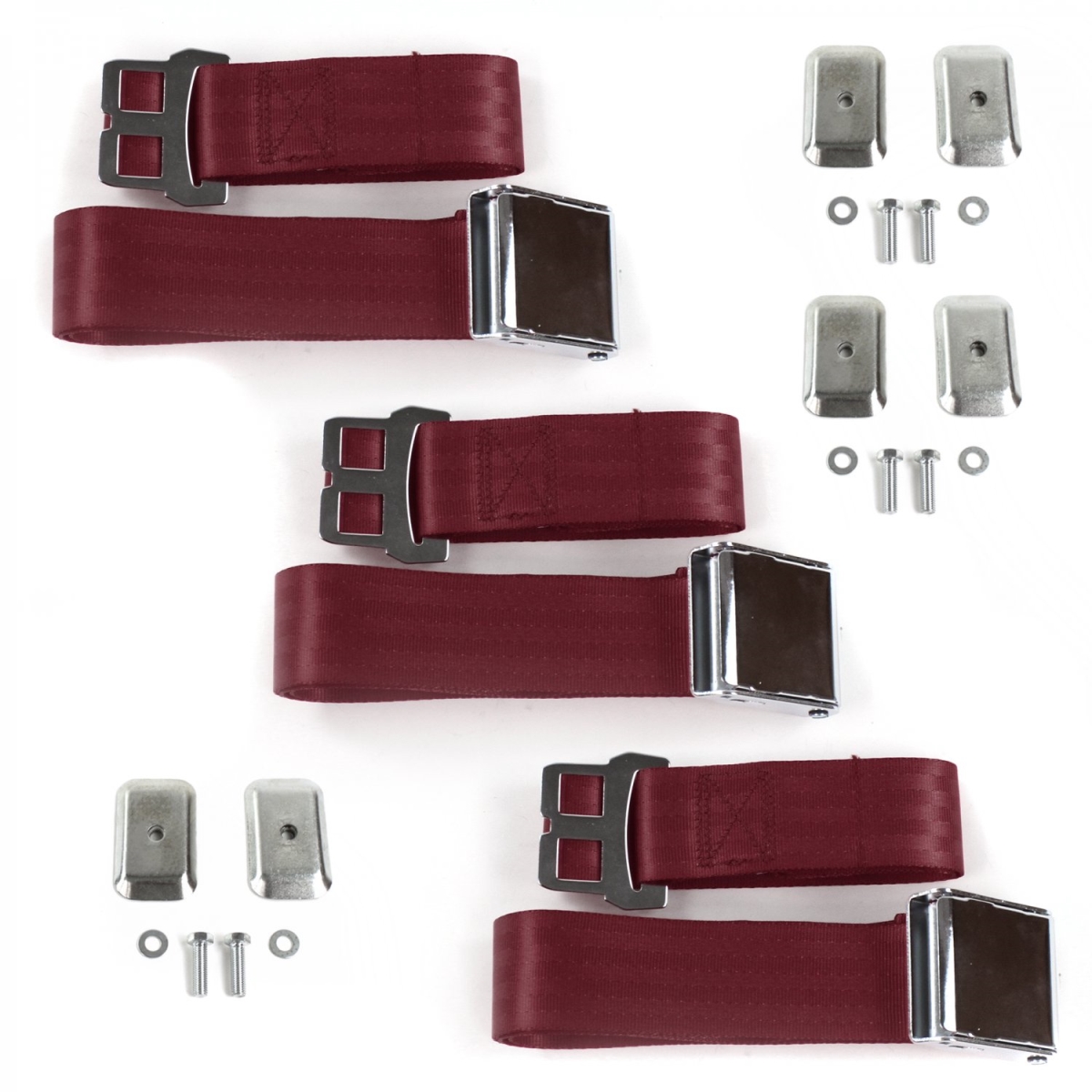 679714 Airplane 2 Point Burgundy Lap Bench Seat Belt Kit with Bracketry for 1966-1967 Chevy II - 3 Belts