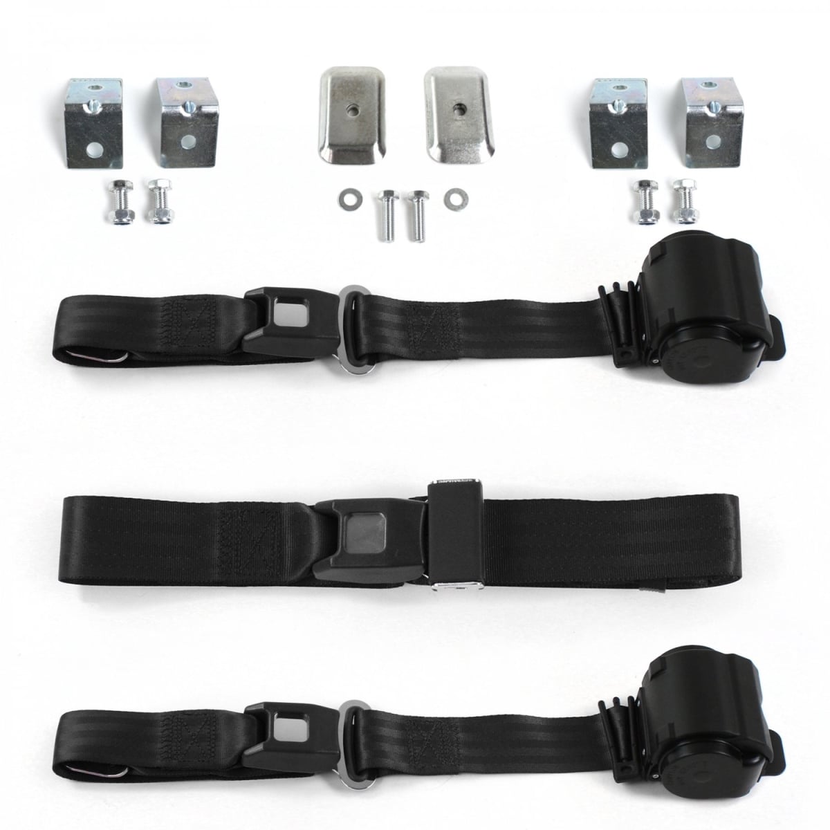 679890 Standard 2 Point Black Retractable Bench Seat Belt Kit with Bracketry for 1960-1969 Chevy Corvair - 3 Belts