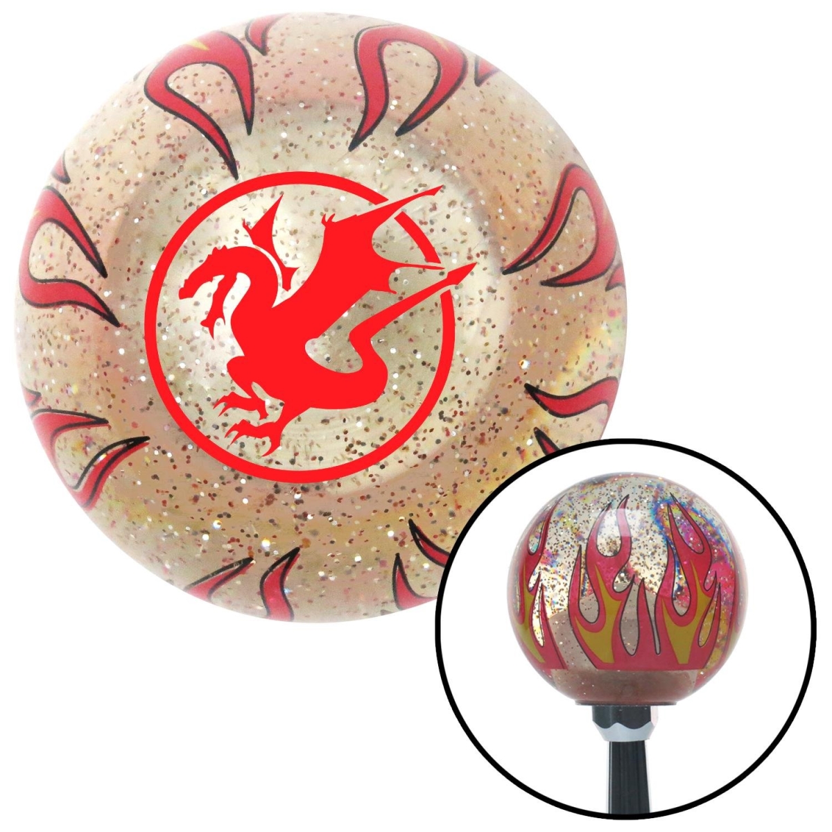 American Shifter 228860 Red Dragon in a Circle Clear Flame Metal Flake Shift Knob with M16 x 1.5 Insert Brody -  American Shifter Company