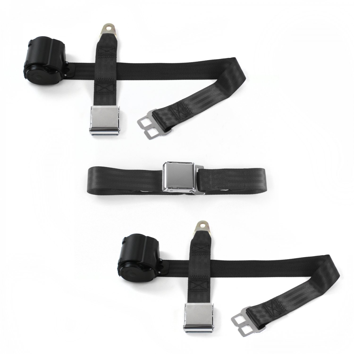 665827 Airplane 2 Point Black Retractable Bench Seat Belt Kit with 3 Belts for 1967-1974 AMC AMX
