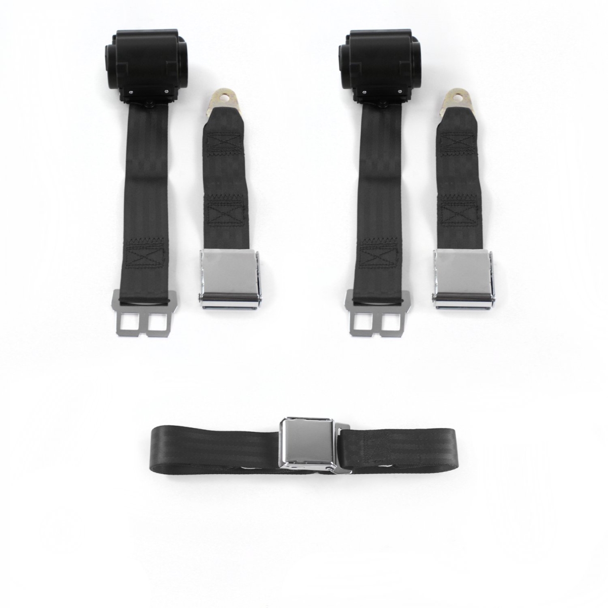 665606 Airplane 2 Point Black Retractable Bench Seat Belt Kit with 3 Belts for 1960-1969 Chevy Corvair