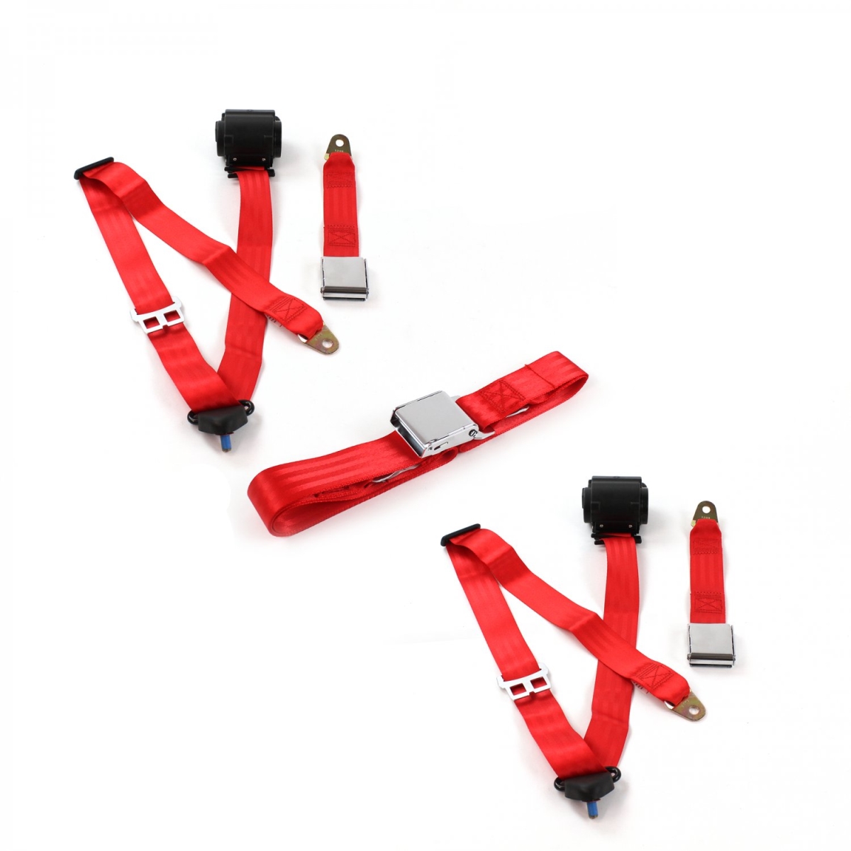 674859 Airplane 3 Point Red Retractable Bench Seat Belt Kit with 3 Belts for 1970-1977 AMC Hornet