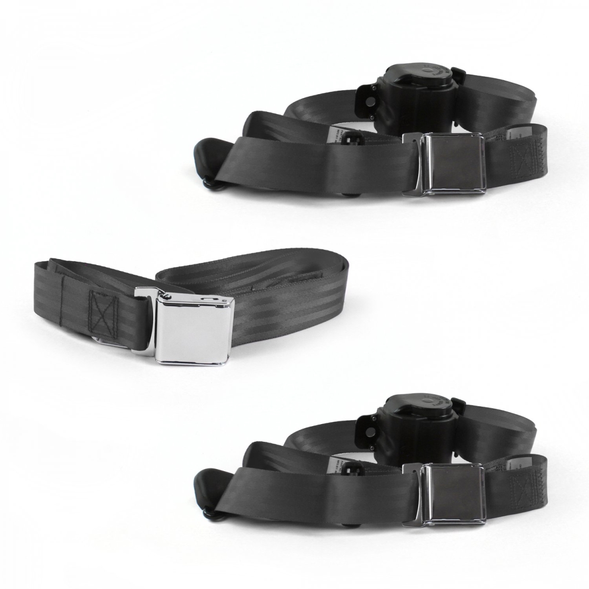 675606 Airplane 3 Point Charcoal Retractable Bench Seat Belt Kit with 3 Belts for 1964-1966 Ford Mustang