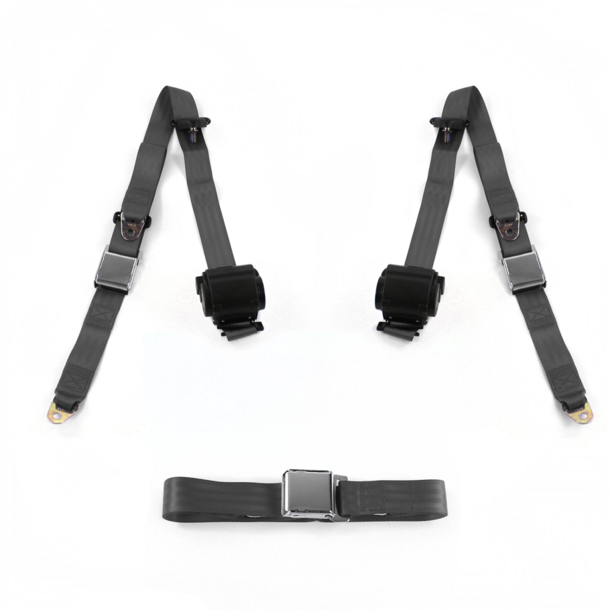 675619 Airplane 3 Point Charcoal Retractable Bench Seat Belt Kit with 3 Belts for 1975-1991 Ford Van