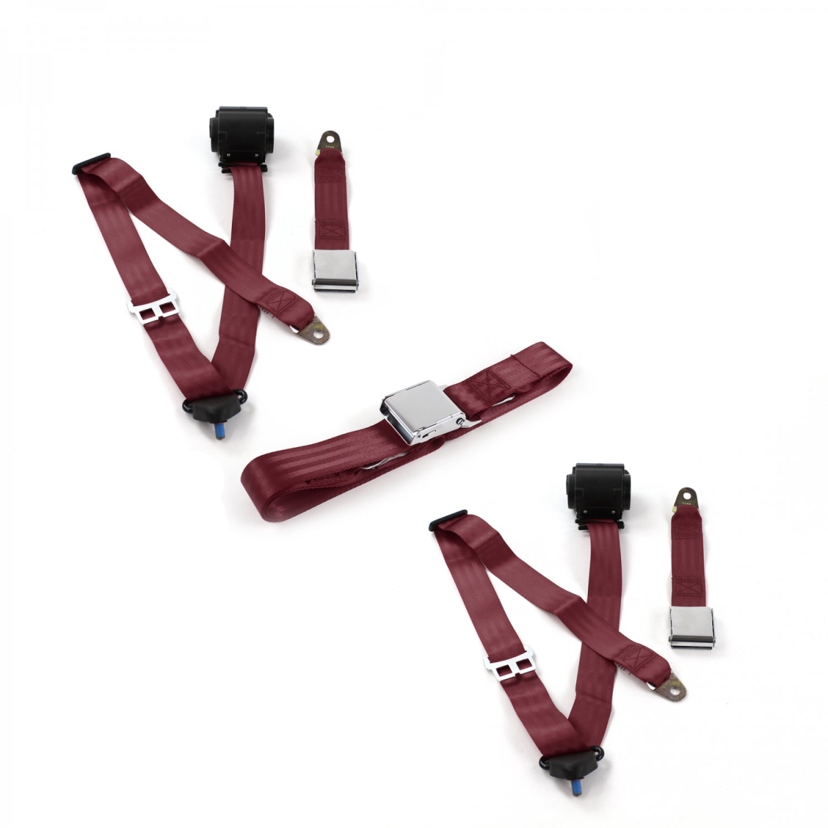 Airplane 3 Point Burgundy Retractable Bench Seat Belt Kit with 3 Belts for 1966-1970 Ford Falcon