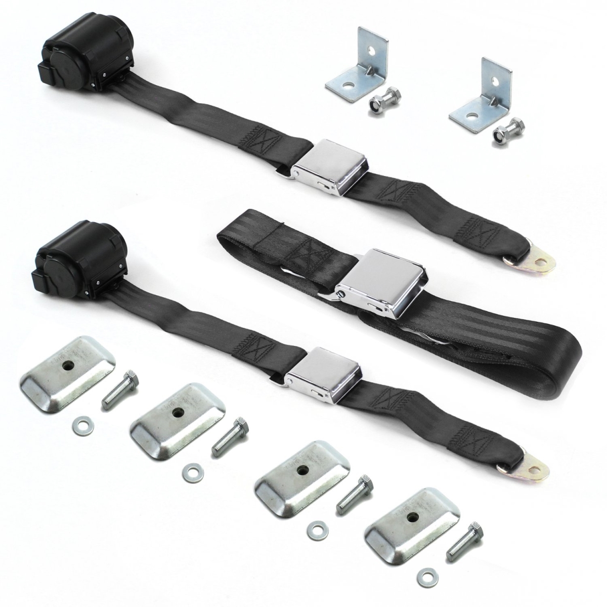 Airplane 2 Point Black Retractable Bench Seat Belt Kit with Bracketry & 3 Belts for 1961-1976 Triumph TR250