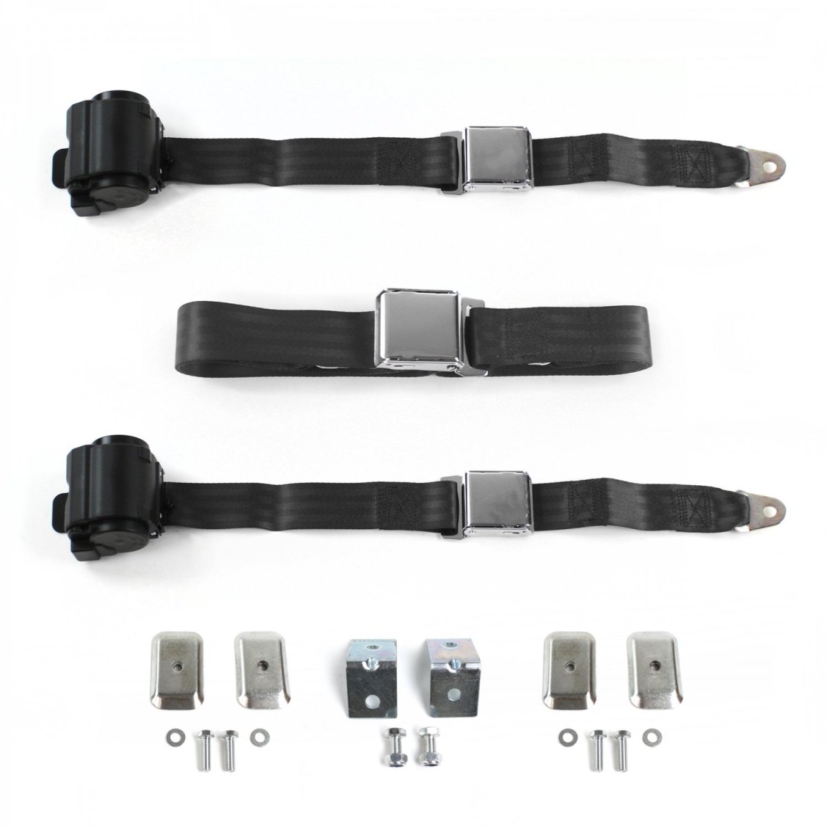681753 Airplane 2 Point Black Retractable Bench Seat Belt Kit with Bracketry & 3 Belts for 1967-1969 Camaro