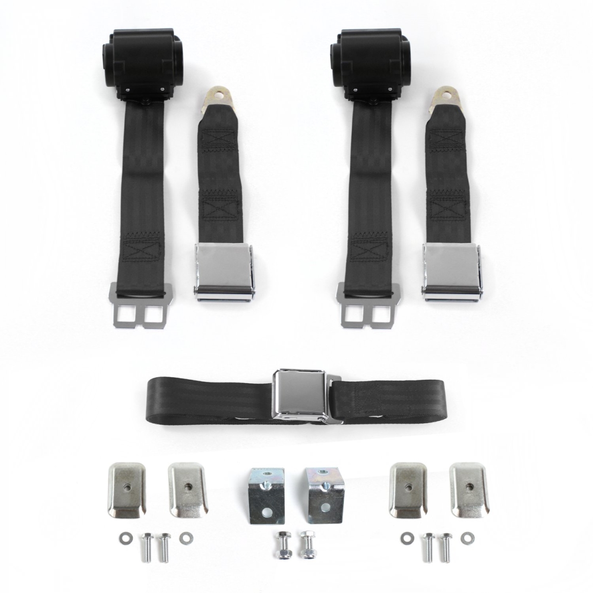 681963 Airplane 2 Point Black Retractable Bench Seat Belt Kit with Bracketry & 3 Belts for 1963-1991 Jeep Wagoneer
