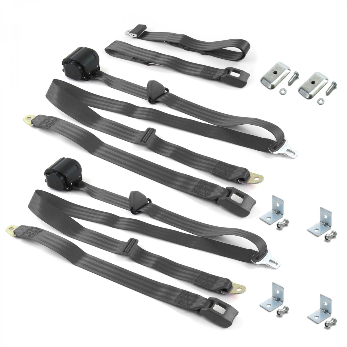 Standard 3 Point Charcoal Retractable Bench Seat Belt Kit with Bracketry & 3 Belts for 1955-1956 Ford