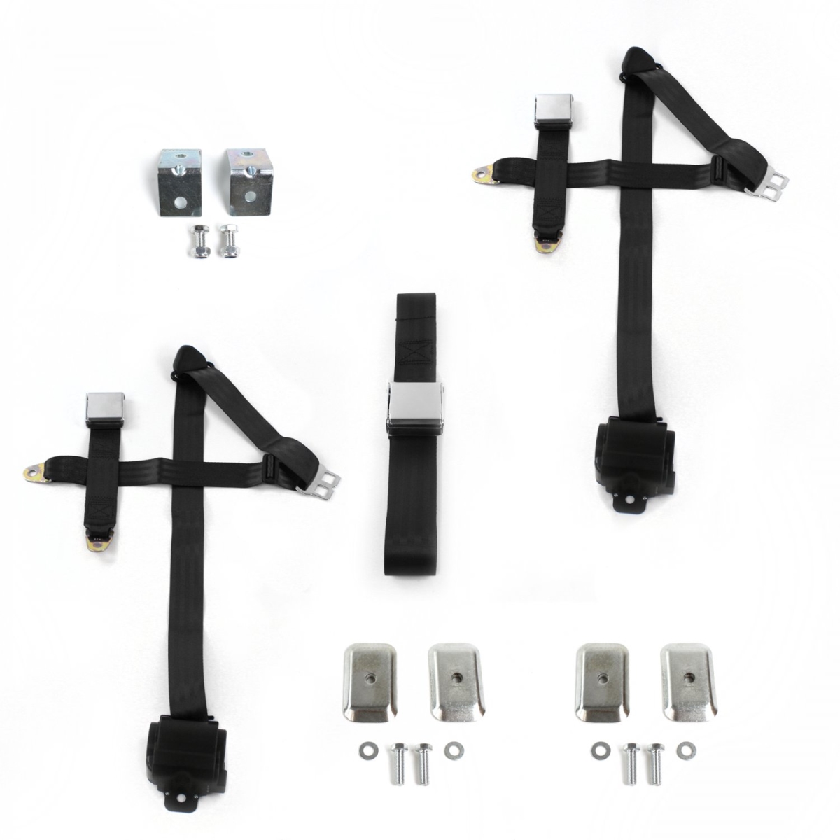 685030 Airplane 3 Point Black Retractable Bench Seat Belt Kit with Bracketry & 3 Belts for 1946-1961 Desoto