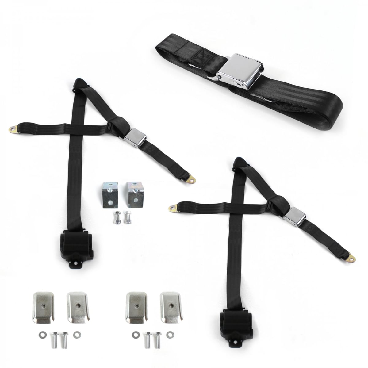 Airplane 3 Point Black Retractable Bench Seat Belt Kit with Bracketry & 3 Belts for 1947-1954 Chevy Truck