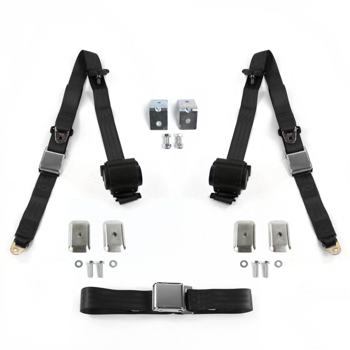 685078 Airplane 3 Point Black Retractable Bench Seat Belt Kit with Bracketry & 3 Belts for 1968-1972 Chevy Chevelle