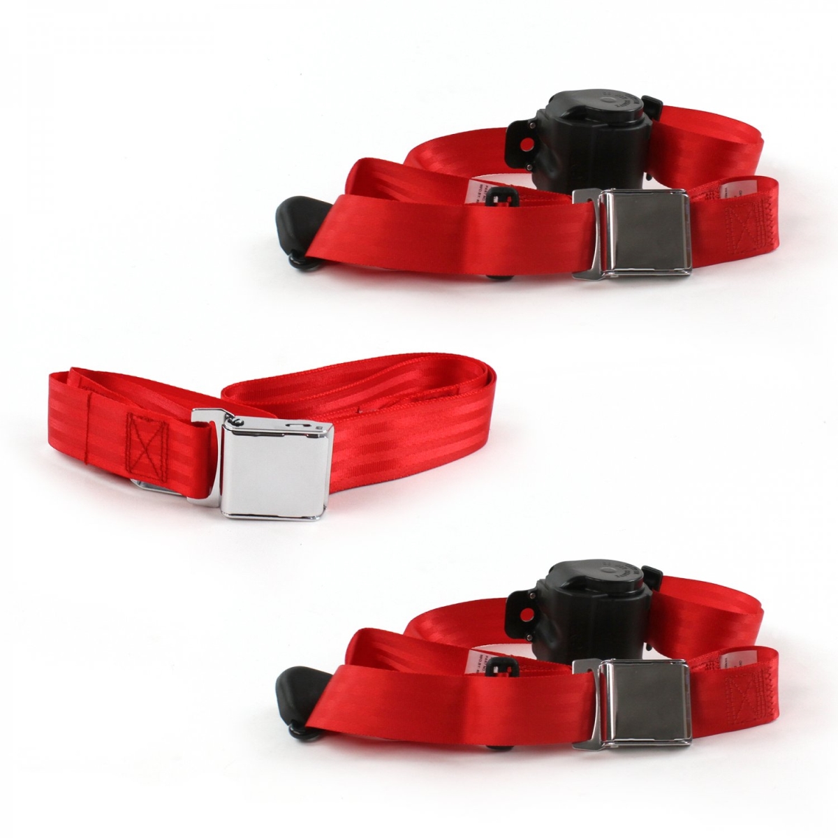 Airplane 3 Point Red Retractable Bench Seat Belt Kit with 3 Belts for 1964-1966 Ford Mustang