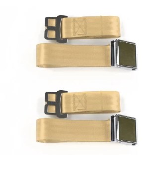 Airplane 2 Point Tan Lap Bucket Seat Belt Kit with Bracketry & 2 Belts for 1964-1966 Ford Mustang