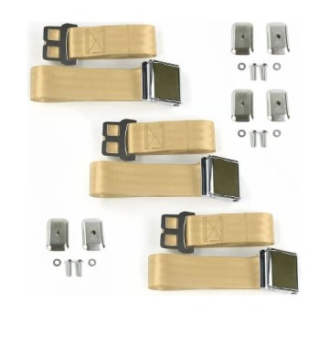 Airplane 2 Point Tan Lap Bucket Seat Belt Kit with Bracketry & 2 Belts for 1949-1951 Ford