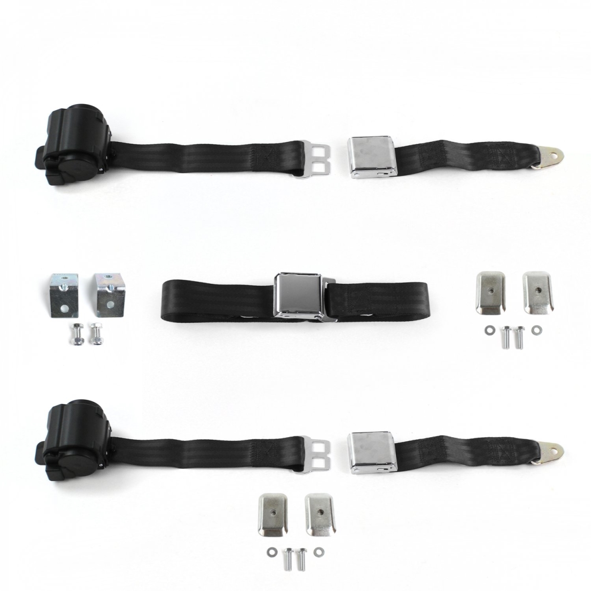 681756 Airplane 2 Point Black Retractable Bench Seat Belt Kit with Bracketry & 3 Belts for 1970-1981 Camaro