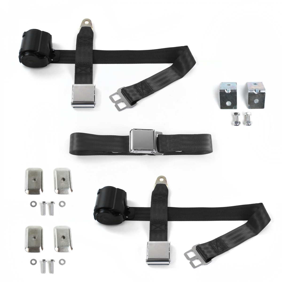 Airplane 2 Point Black Retractable Bench Seat Belt Kit with Bracketry & 3 Belts for 1987-1996 Jeep Wrangler