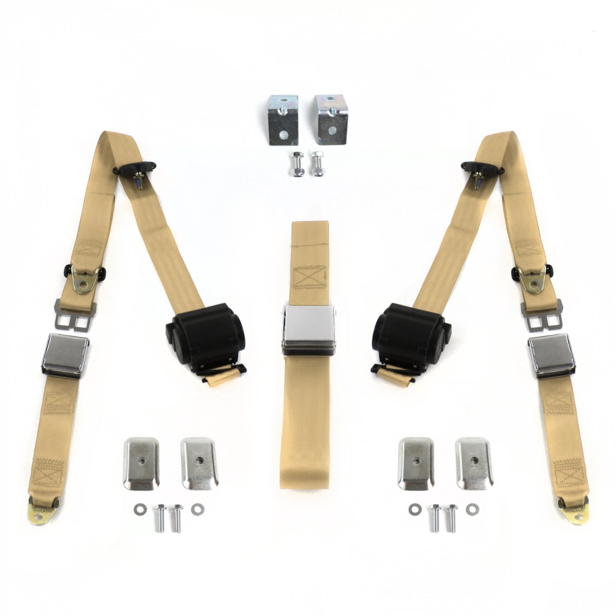Airplane 3 Point Tan Retractable Bench Seat Belt Kit with Bracketry & 3 Belts for 1961-1967 Ford Van