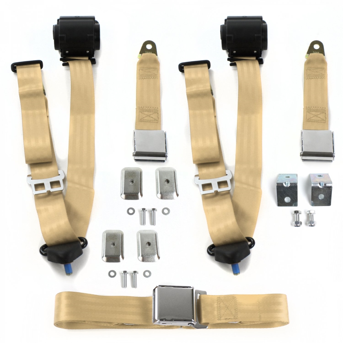 Airplane 3 Point Tan Retractable Bench Seat Belt Kit with Bracketry & 3 Belts for 1955-1956 Ford