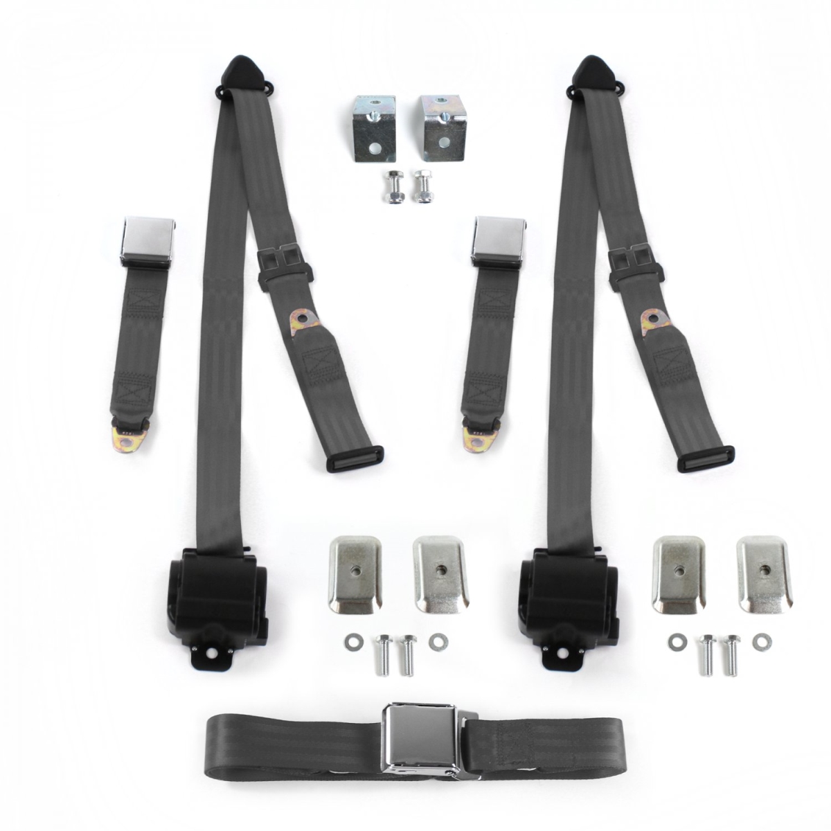 Airplane 3 Point Charcoal Retractable Bench Seat Belt Kit with Bracketry & 3 Belts for 1961-1964 Chevy Impala