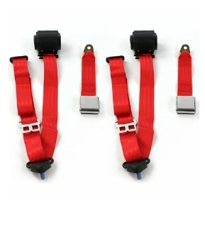 Airplane 3 Point Red Retractable Bucket Seat Belt Kit with Bracketry & 2 Belts for 1982-1994 Chevy Cavalier