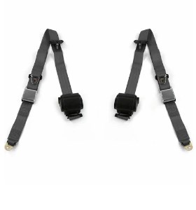 Airplane 3 Point Charcoal Retractable Bucket Seat Belt Kit with Bracketry & 2 Belts for 1971-1973 Ford Mustang