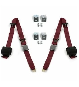 Airplane 3 Point Burgundy Retractable Bucket Seat Belt Kit with Bracketry & 2 Belts for 1948-1952 Ford Truck