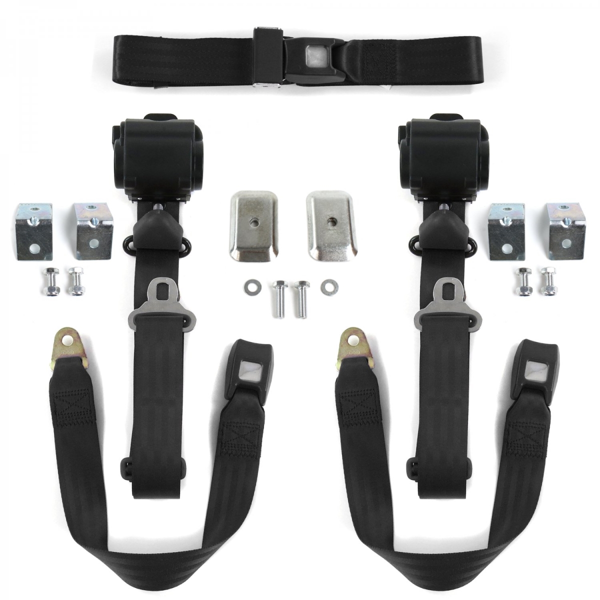 Standard 3 Point Black Retractable Bench Seat Belt Kit with Bracketry & 3 Belts for 1960-1969 Chevy Corvair