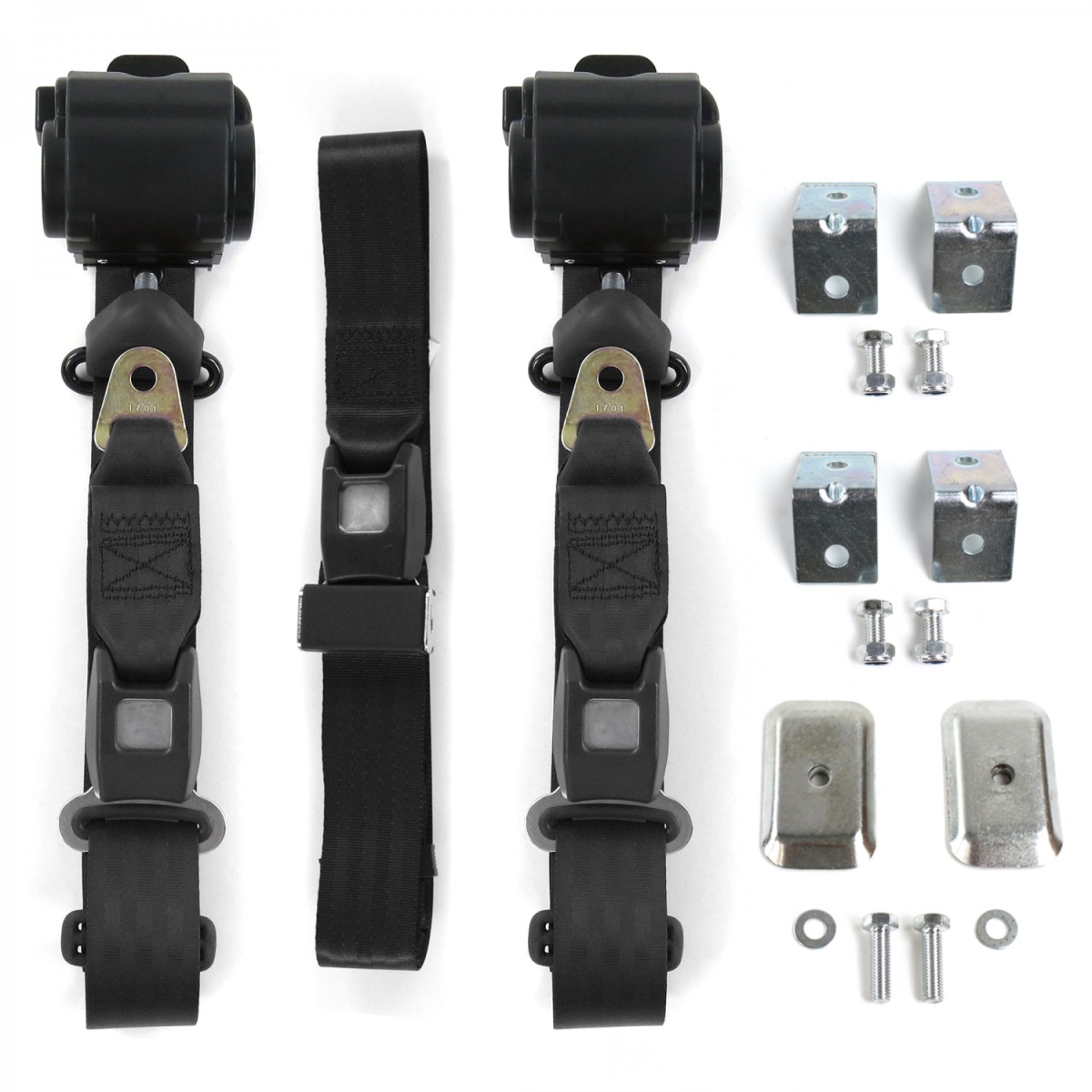 Standard 3 Point Black Retractable Bench Seat Belt Kit with Bracketry & 3 Belts for 1928-1931 Model A Ford
