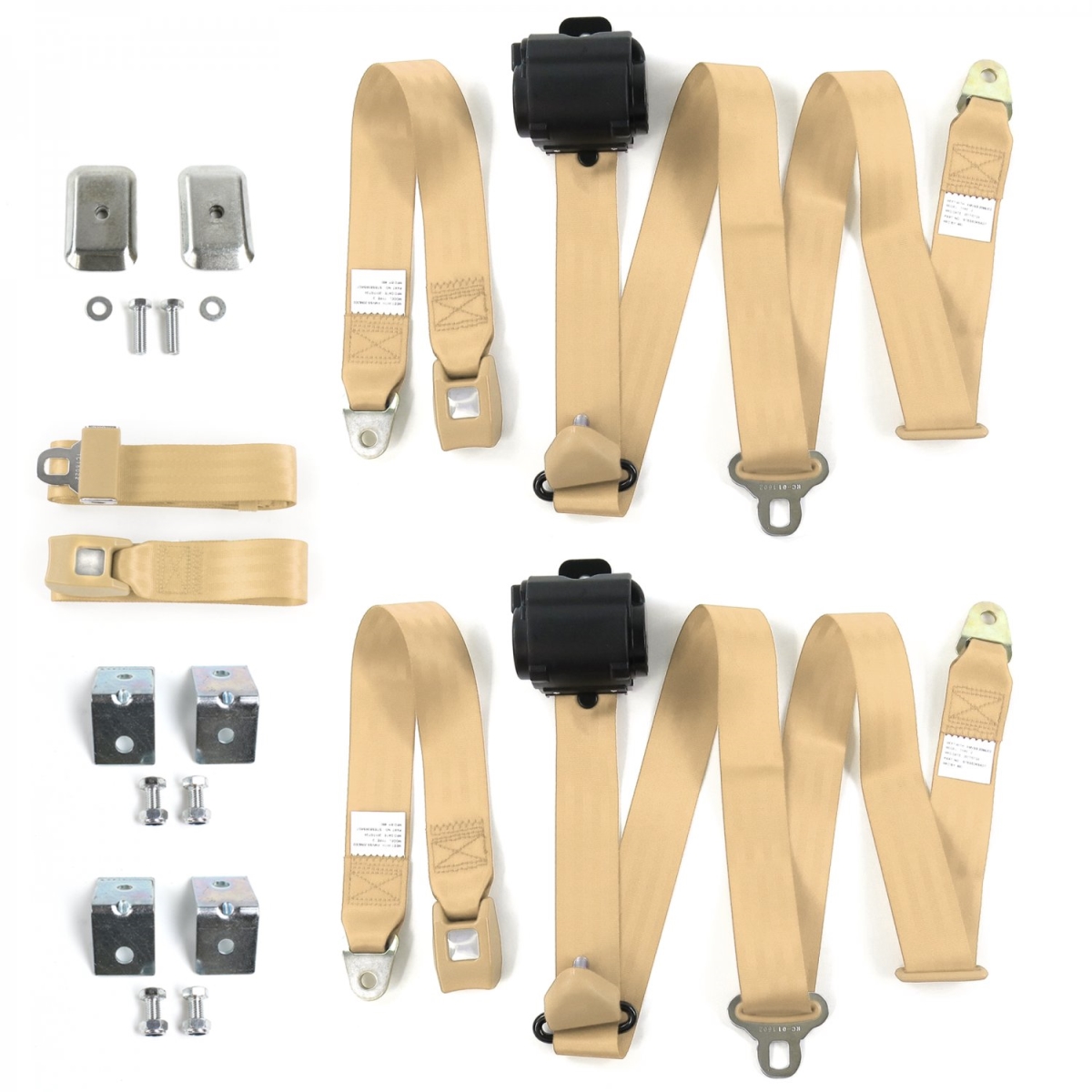 Standard 3 Point Tan Retractable Bench Seat Belt Kit with Bracketry & 3 Belts for 1929-1945 Desoto