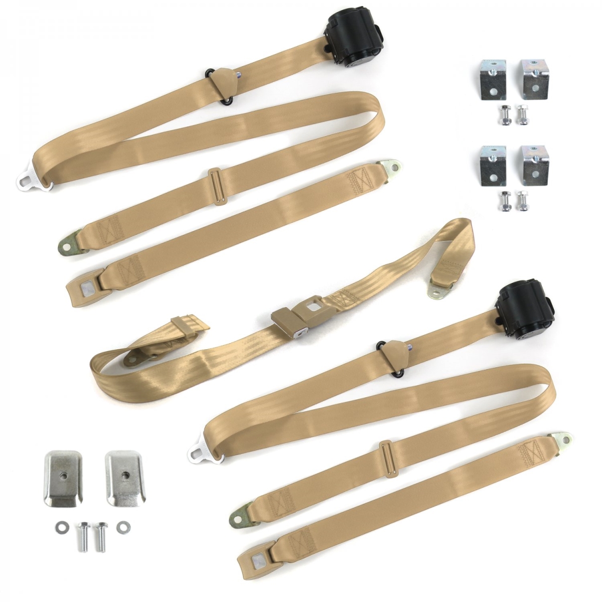 Standard 3 Point Tan Retractable Bench Seat Belt Kit with Bracketry & 3 Belts for 1963-1966 Chevy Truck
