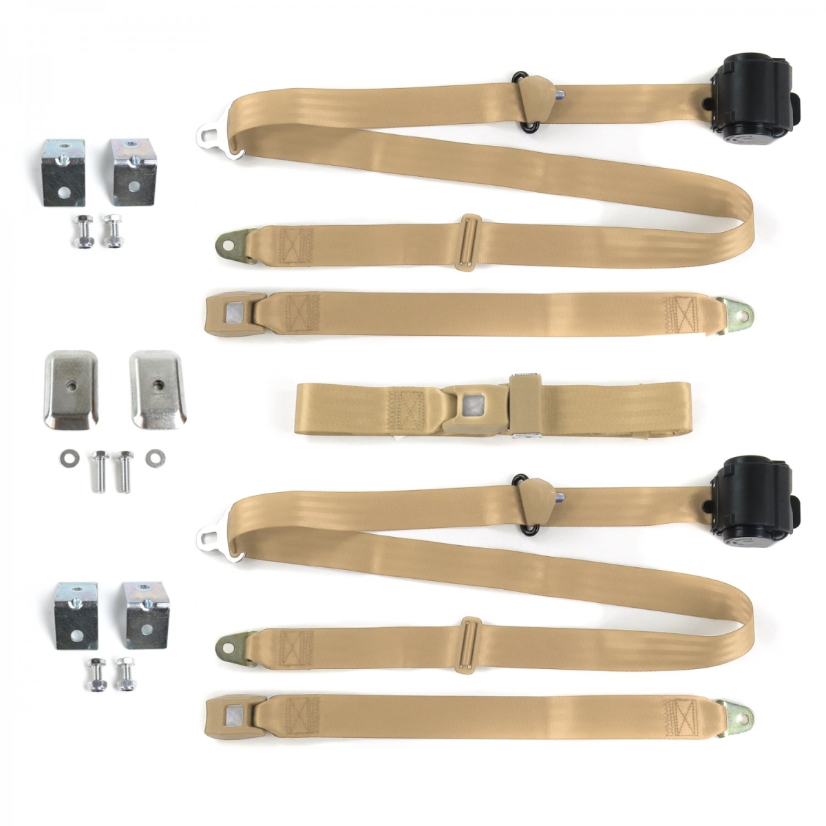 Standard 3 Point Tan Retractable Bench Seat Belt Kit with Bracketry & 3 Belts for 1949-1958 Buick Special