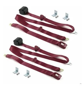 Standard 3 Point Burgundy Retractable Bucket Seat Belt Kit with Bracketry & 2 Belts for 1955-1959 Chevy Truck