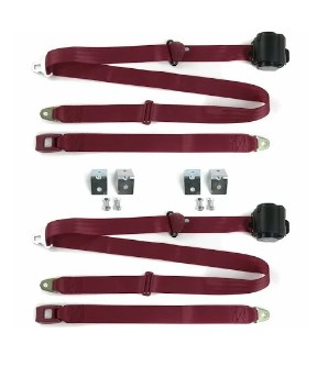 Standard 3 Point Burgundy Retractable Bucket Seat Belt Kit with Bracketry & 2 Belts for 1974-1983 Jeep Cherokee