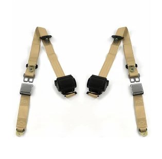 Airplane 3 Point Tan Retractable Bucket Seat Belt Kit with Bracketry & 2 Belts for 1958-1988 AMC
