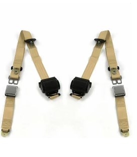 Airplane 3 Point Tan Retractable Bucket Seat Belt Kit with Bracketry & 2 Belts for 1971-1973 Ford Mustang