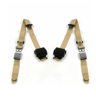 Airplane 3 Point Tan Retractable Bucket Seat Belt Kit with Bracketry & 2 Belts for 1960-1961 Ford Fairlane
