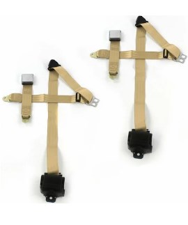 Airplane 3 Point Tan Retractable Bucket Seat Belt Kit with Bracketry & 2 Belts for 1944-1952 Jeep Willys