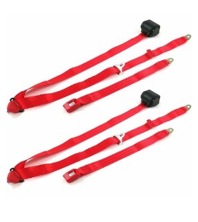 Airplane 3 Point Red Retractable Bucket Seat Belt Kit with Bracketry & 2 Belts for 1997-2006 Jeep Wrangler & TJ