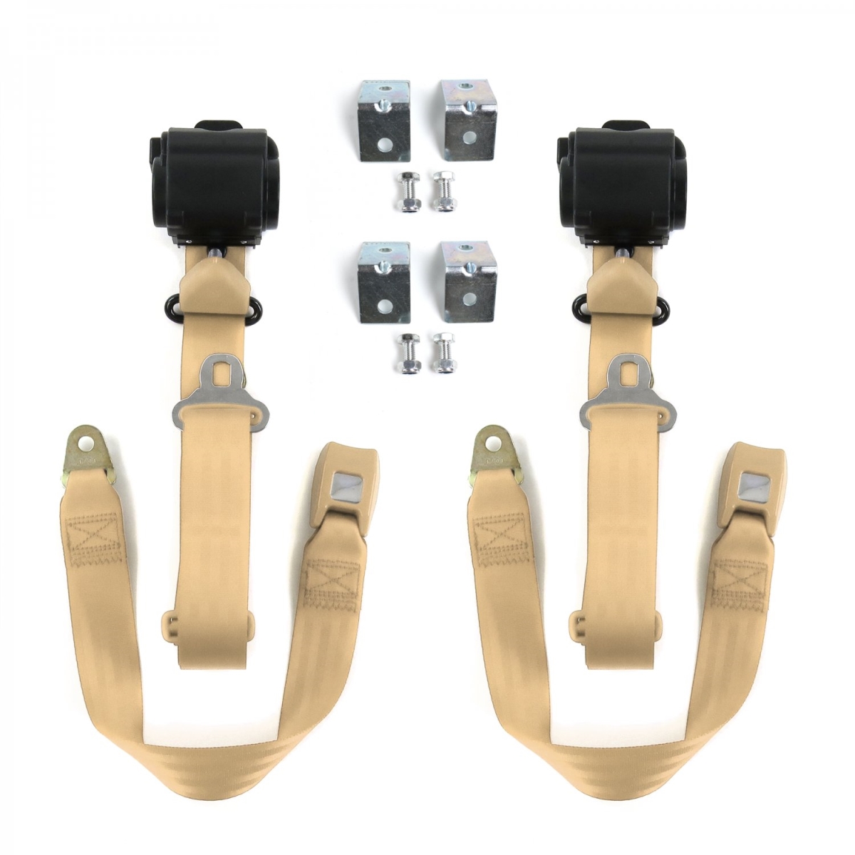 Standard 3 Point Tan Retractable Bucket Seat Belt Kit with Bracketry & 2 Belts for 1935-1940 Chevy Truck