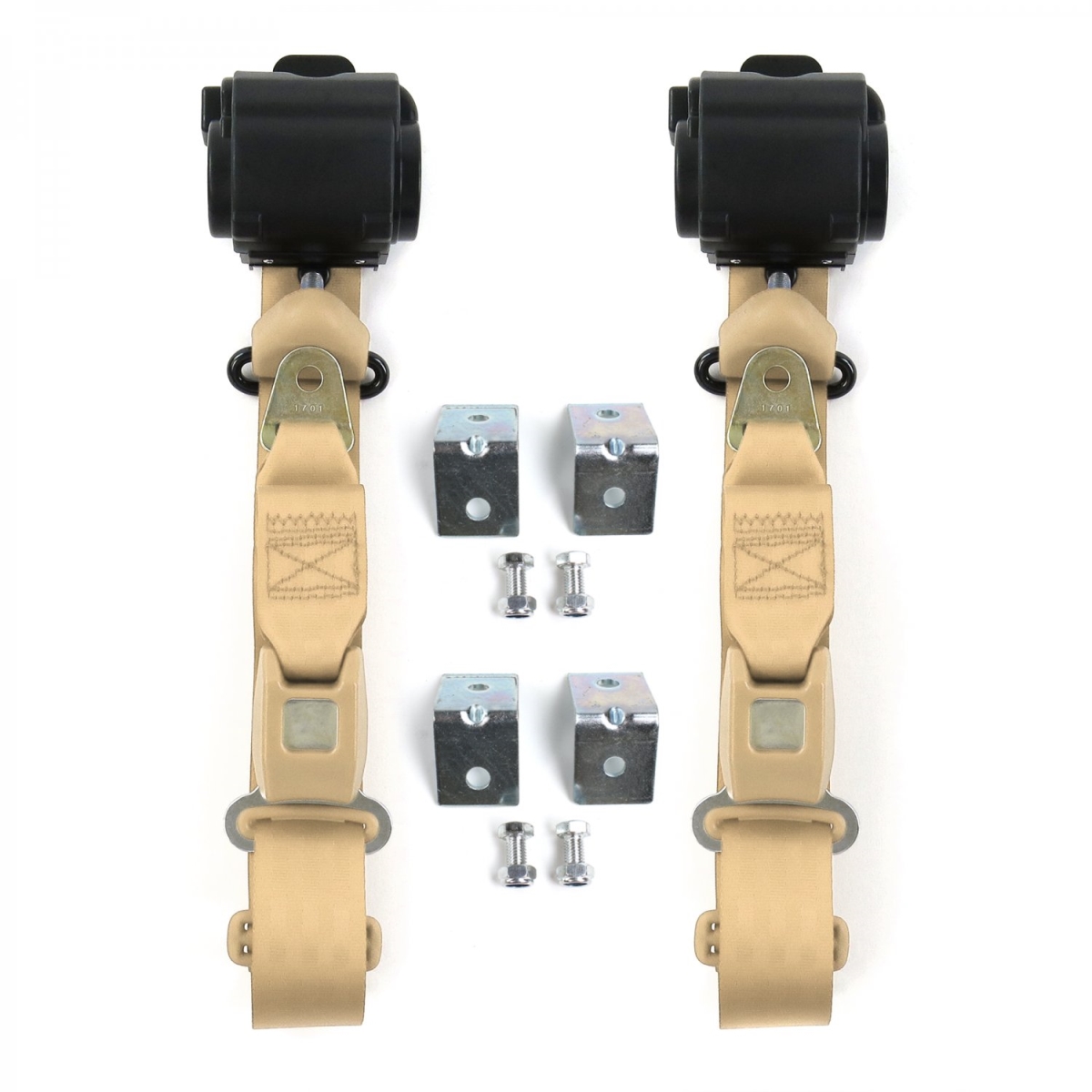 Standard 3 Point Tan Retractable Bucket Seat Belt Kit with Bracketry & 2 Belts for 1955-1957 Chevy Bel Air
