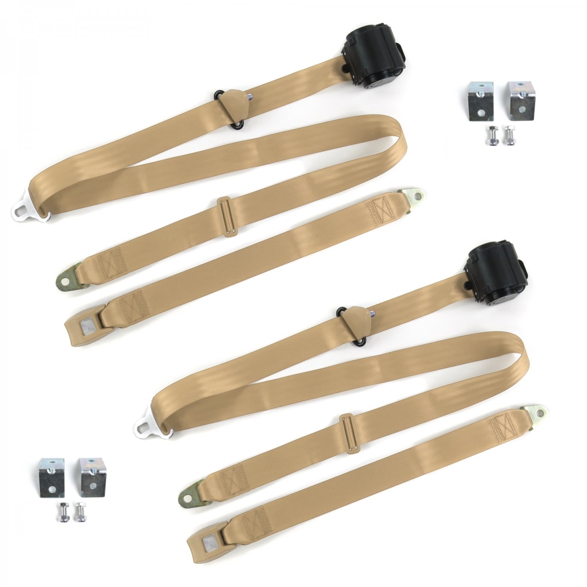 Standard 3 Point Tan Retractable Bucket Seat Belt Kit with Bracketry & 2 Belts for 1947-1952 VW Type 1 Split