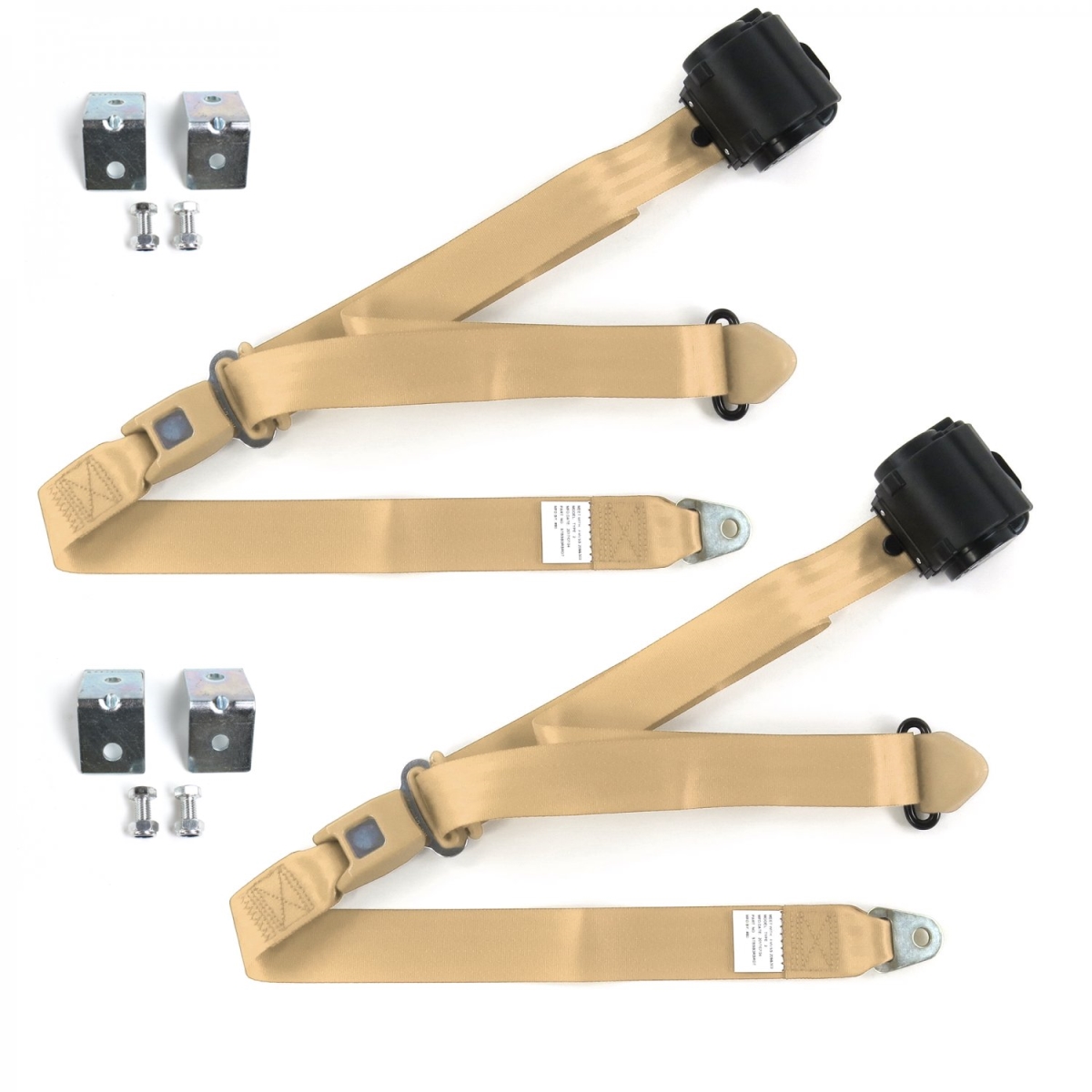 Standard 3 Point Tan Retractable Bucket Seat Belt Kit with Bracketry & 2 Belts for 1967-1976 Ford Thunderbird