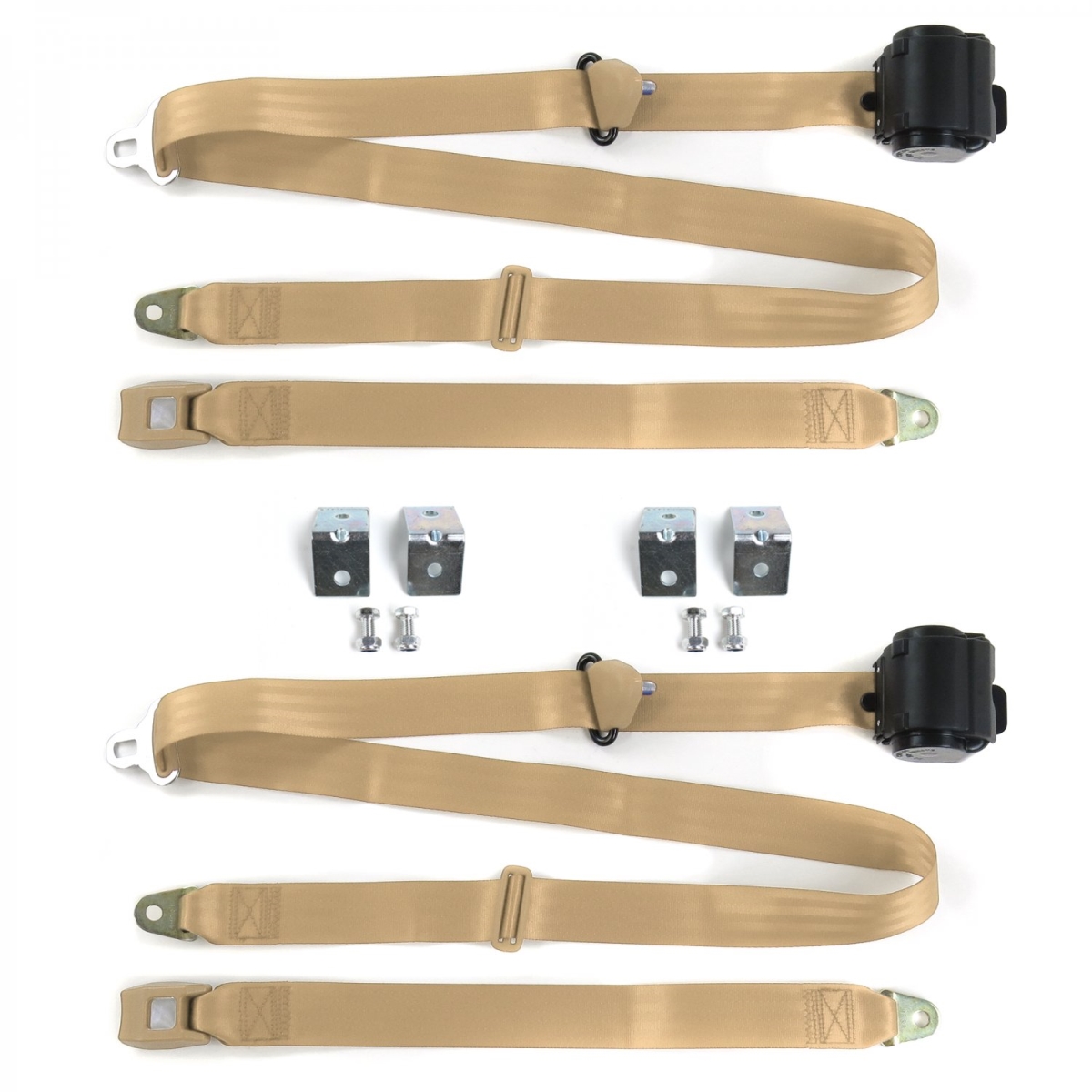 Standard 3 Point Tan Retractable Bucket Seat Belt Kit with Bracketry & 2 Belts for 1964-1969 Ford GT40