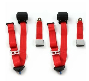 Standard 3 Point Red Retractable Bucket Seat Belt Kit with Bracketry & 2 Belts for 1958-1988 AMC